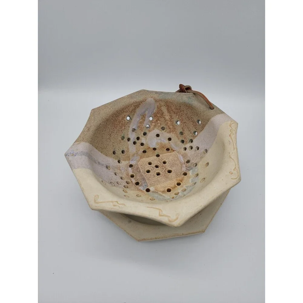Berry Bowl Pottery Strainer & Dish Signed SR Allen TN NEW Hanger Octagonal